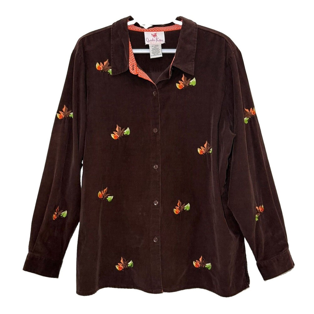 Quacker Factory Women XL Brown Corduroy Shirt Embroidered Fall Leaves Button Up